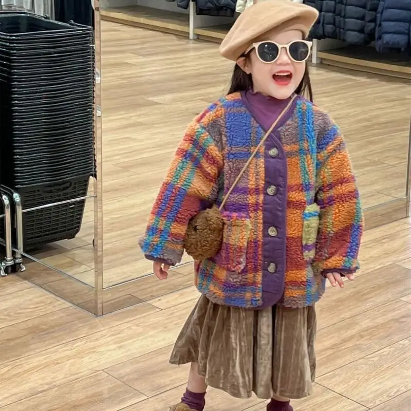 

Girls' Autumn Winter Warmth Coat Plaid Tops New Fashion Overcoat Thicken Jacket Comfortable Retro Style Children Clothes Loose