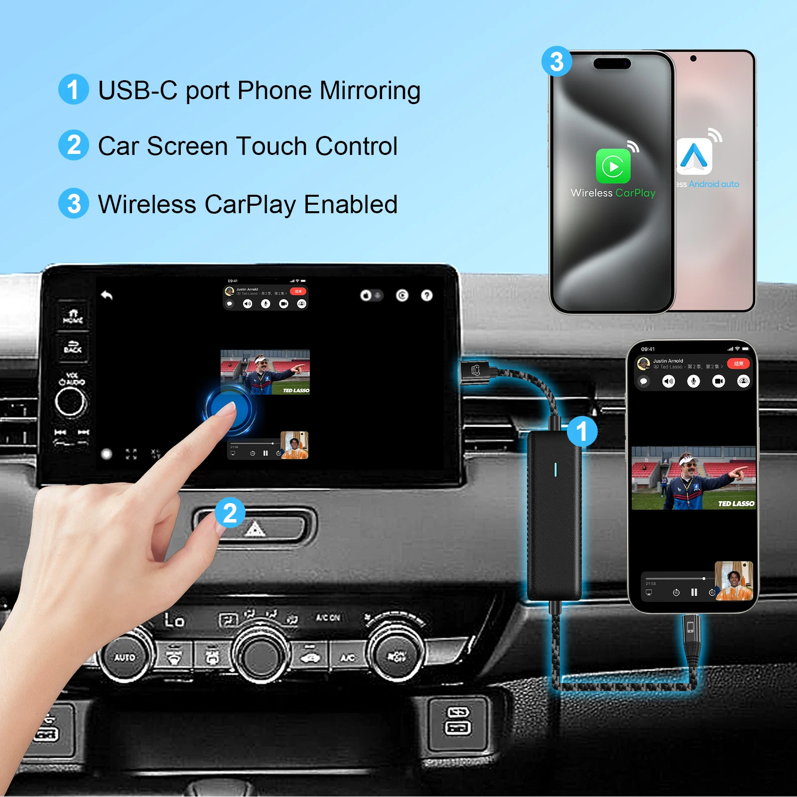 2025 Upgraded Wireless CarPlay Adapter MirrorTouch Bi-Directional Control USBA to C Easy Plug & Play for Car Media Entertainment