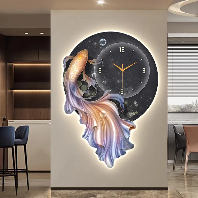 

Modern Luxury Wall Clock Restaurant Decor Painting New Year's Fish LED Mute Clock Corridor Wall Clock Mural Lights Room Decor