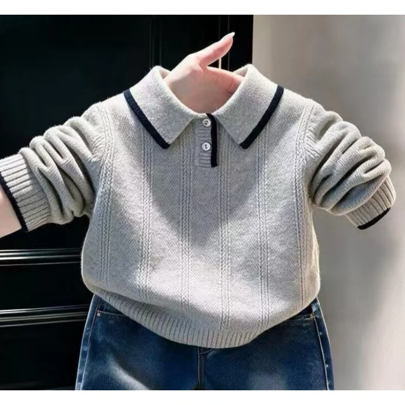 Children Pullover Knit Sweater Fall Winter New Boys Fashion Turn-down Collar Base Layer Shirt Kids Clothing