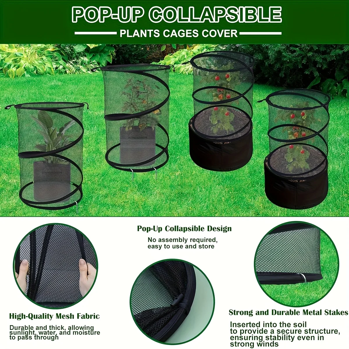 

2 Pcs Pop-up Black Gardening Insect Plant Covers, Durable Plastic Mesh Grid Garden Cage, Breathable Greenhouse Protective Covers