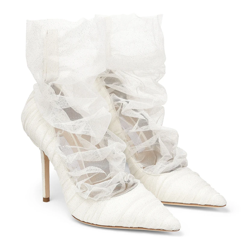 Sexy Ruffled Mesh Lace Covered Translucent Ankle Boots Pointed Toe Woman Dim Lace Summer Boots Thin High Heels Pumps