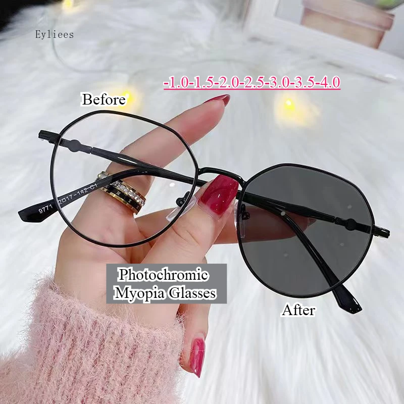 

New Anti-blue Photochromic Myopia Finished Glasses Polygon Anti-ultraviolet Near-sight Eyeglasses Ultralight Vintage Glasses
