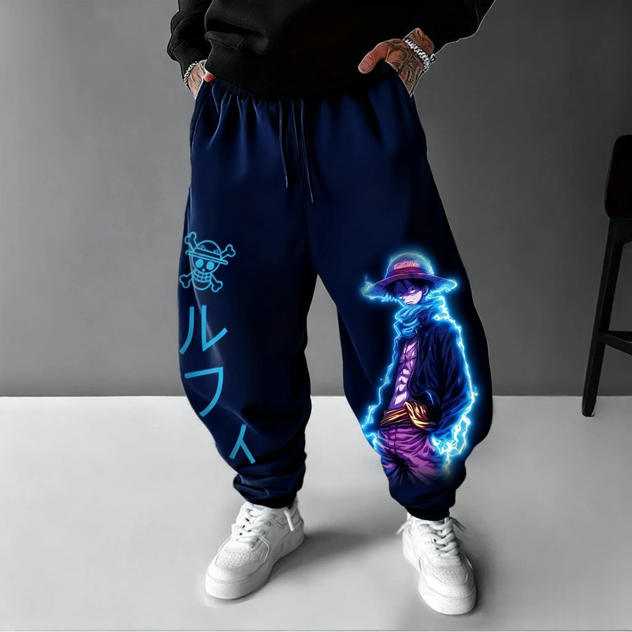 Uma peça anime luffy joggers calças masculinas casuais streetwear dos desenhos animados impresso calças hiphop moda verão outono moletom y2k