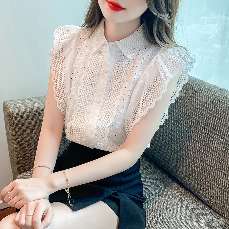 Elegant Fashion Flying Sleeve Blouses Women Korean Lace Hollow Out Blusas Mujer Summer Sleeveless Button Shirts Embroidery Tops