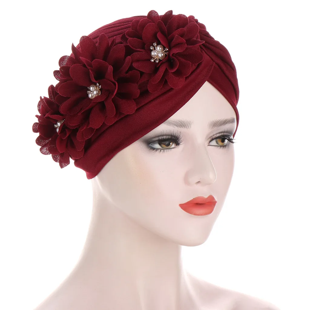 Women Flowers Ruffle Turban Caps Muslim Elastic Pearls Headscarf Bonnet Ladies Hair Accessories Indian Cap Turbante Mujer