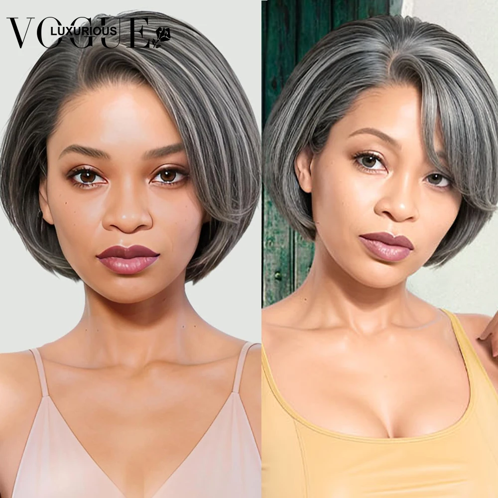 Straight Short Bob Pixie Cut Highlight Salt Pepper 4X4 5X5 Closure Lace Human Hair Wigs Glueless Brazilian Wig Pre Plucked