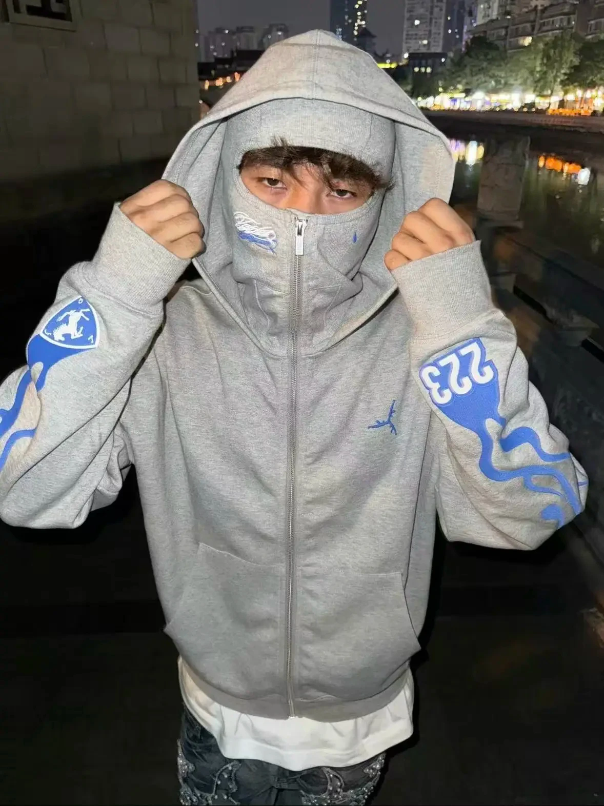 American Rap Street Face Mask Hoodie Men Loose Fire Stitching Casual Open Cardigan Jacket Urban Fashion Autumn Long Sleeve