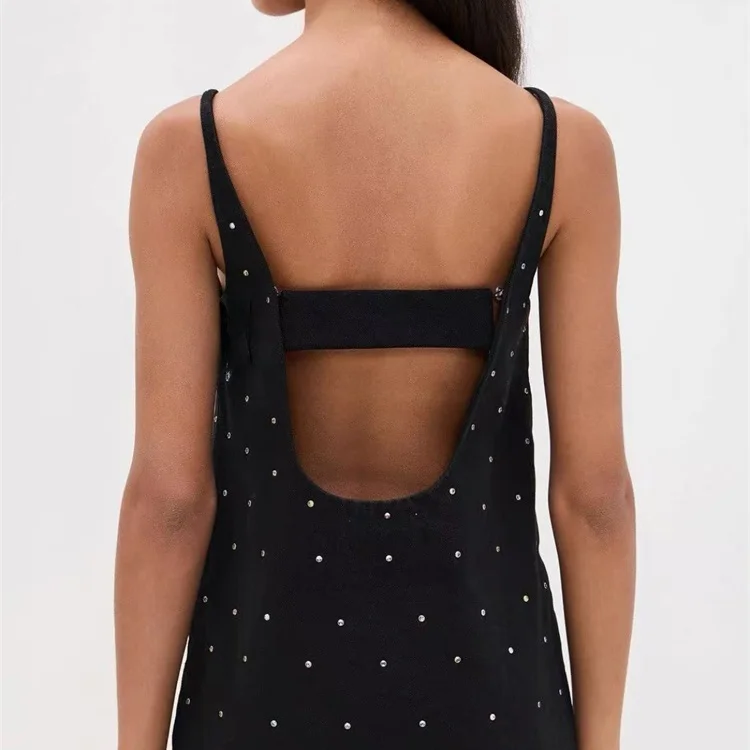 スーザン ブラック クリスタル装飾デニムベストドレス ショート丈 ストラップレス ホリデースタイル レディースファッション カジュアル サマードレス