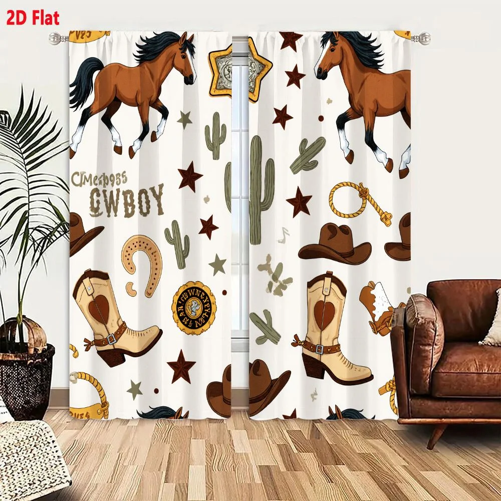 2Pcs Curtains 2D Flat Western Cowboy Themed Seamless Pattern with Horses Cacti Stars Hats Boots Horseshoes Lassos Badges Text in