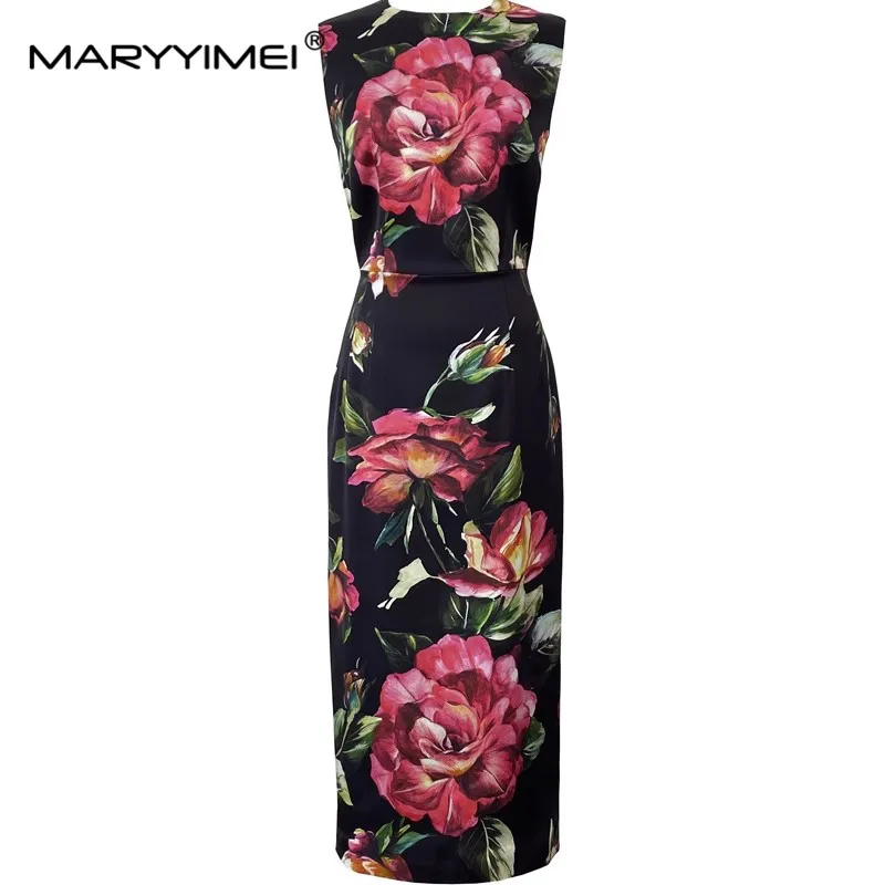 Imagem -05 - Maryyyimei-vestido de Seda sem Mangas Feminino Estampa Floral Vestidos Lápis Slim Elegante Designer de Moda Feriado Verão