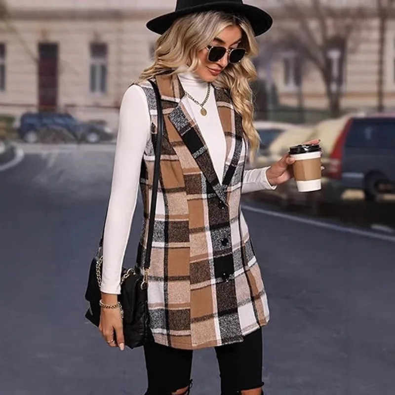 

Весна 2025 г., элегантный стиль, универсальный однобортный женский клетчатый жилет без рукавов