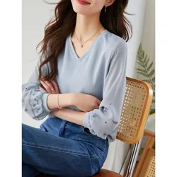 Femme Spring Autumn Korean Fashion Printing Solid Color V-neck Pullovers Women Clothing Elegant Simplicity Patchwork Long Sleeve