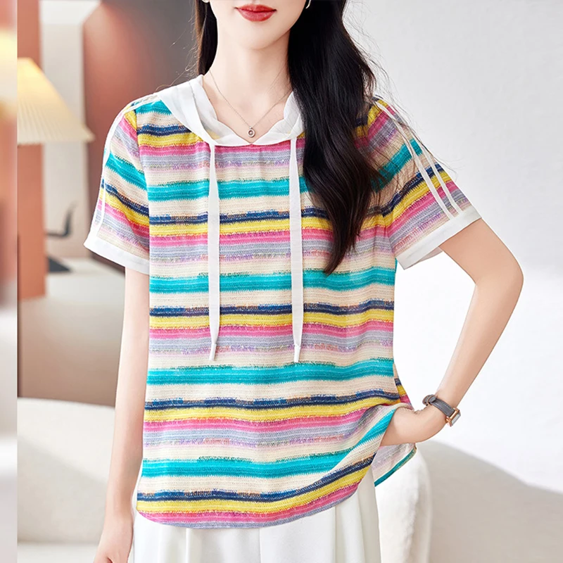 

Летние элегантные модные блузки 2026 года для женщин: повседневные полосатые женские блузки с капюшоном из 100% натурального шелка, свободные топы с коротким рукавом