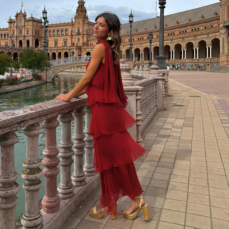 Damen Patchwork Trägerloses Maxikleid Ärmellos mit Rüschensaum und Schal Schnürkleider 2026 Sommer Elegantes Abendkleid für Damen – Detail 4