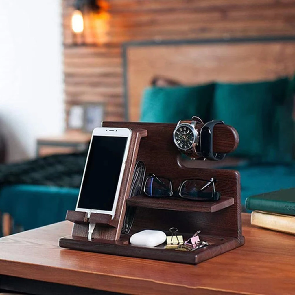 Bedside Organiser Wood Phone Docking Station Key Holder Wallet Stand Watch Organizer Valentines Gifts for Him Wooden Organiser