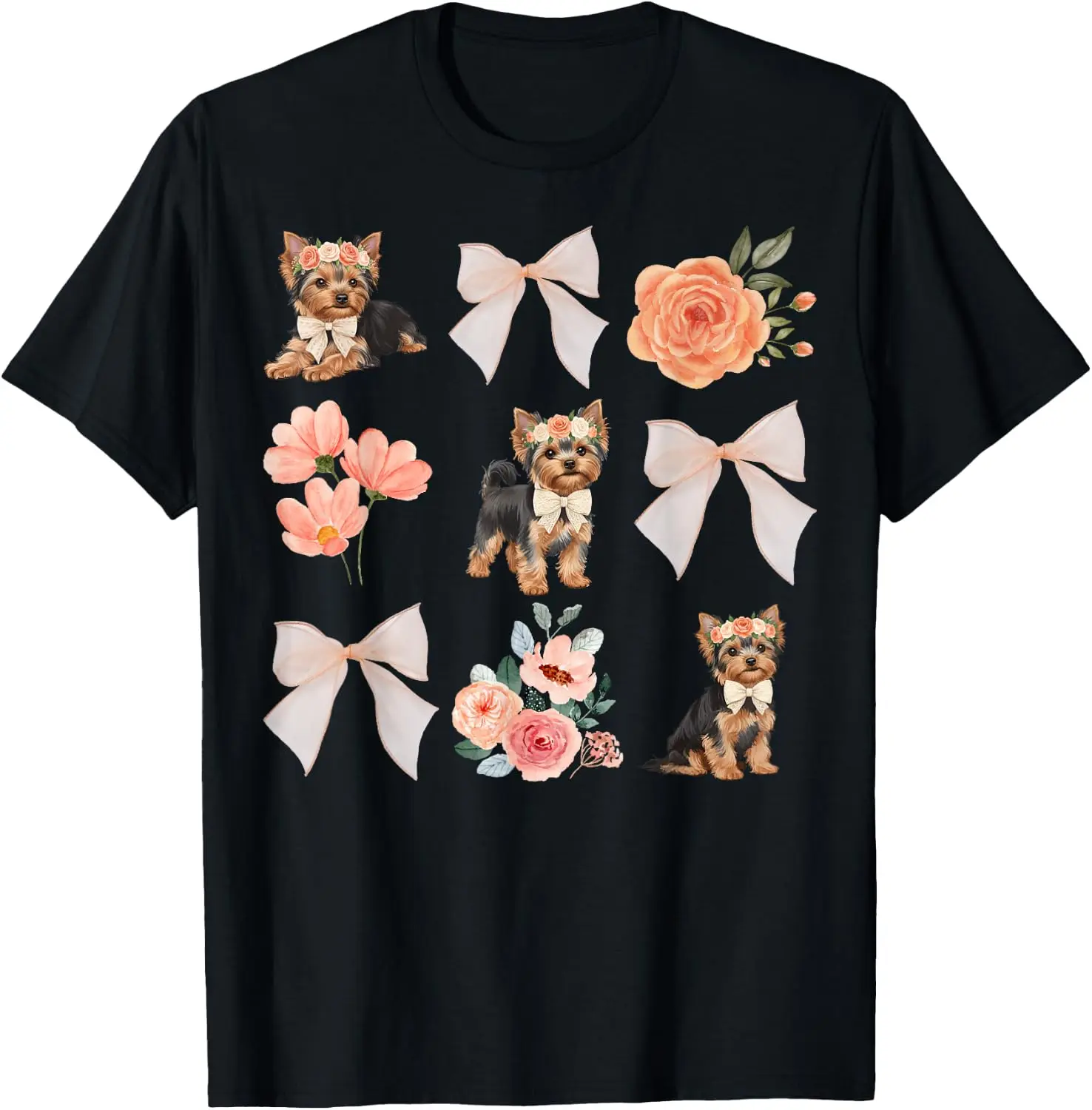 Yorkshire Terrier Toile Floral Bow Grid Vintage Dog T-Shirt 100% Cotton Trendy Y2K Short-Sleeve Tee-Soft, Quick-Drying,