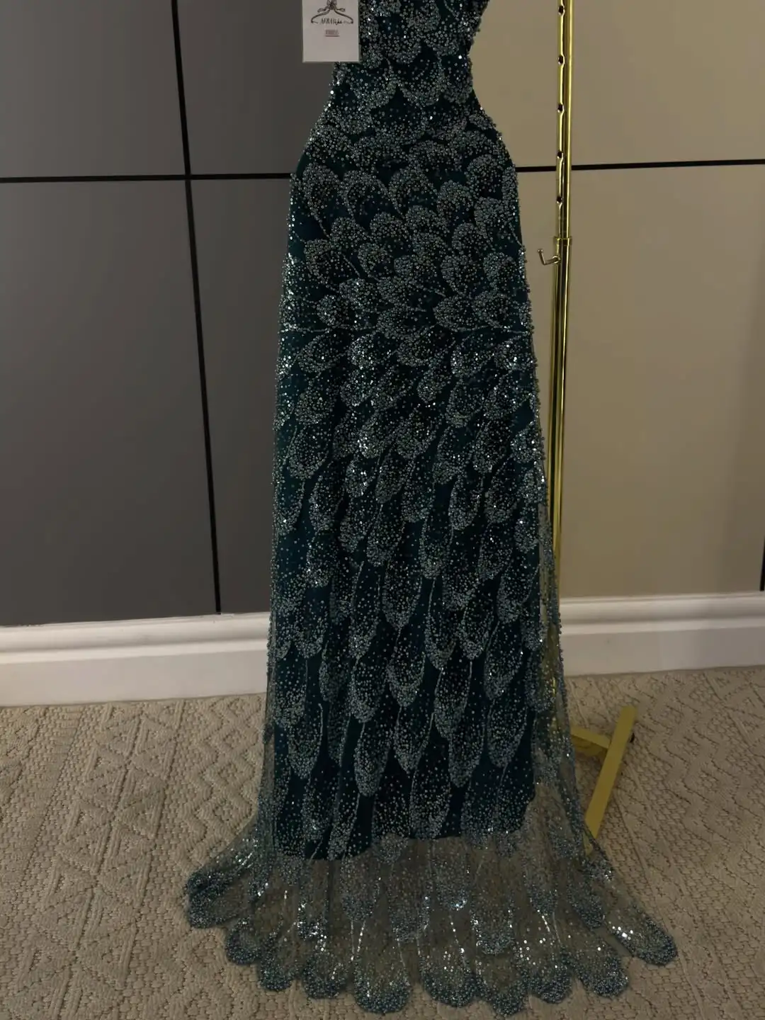 

Ofherown Dark Green Peacock Feather Sequin Evening Gown Women Mermaid Prom Dress with Train Formal Party Gowns Vestido de Noche