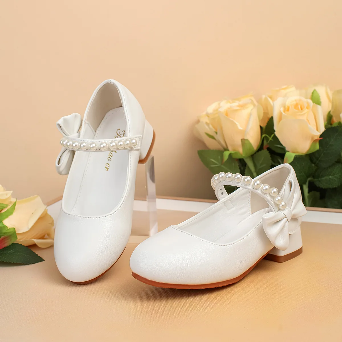 Gilrs Low Heel Shoes White Pumps Kids Teenager Bowtie Imitation Pearl Belt Hook Loop Mary Jane Shoe Wedding Flower Children's