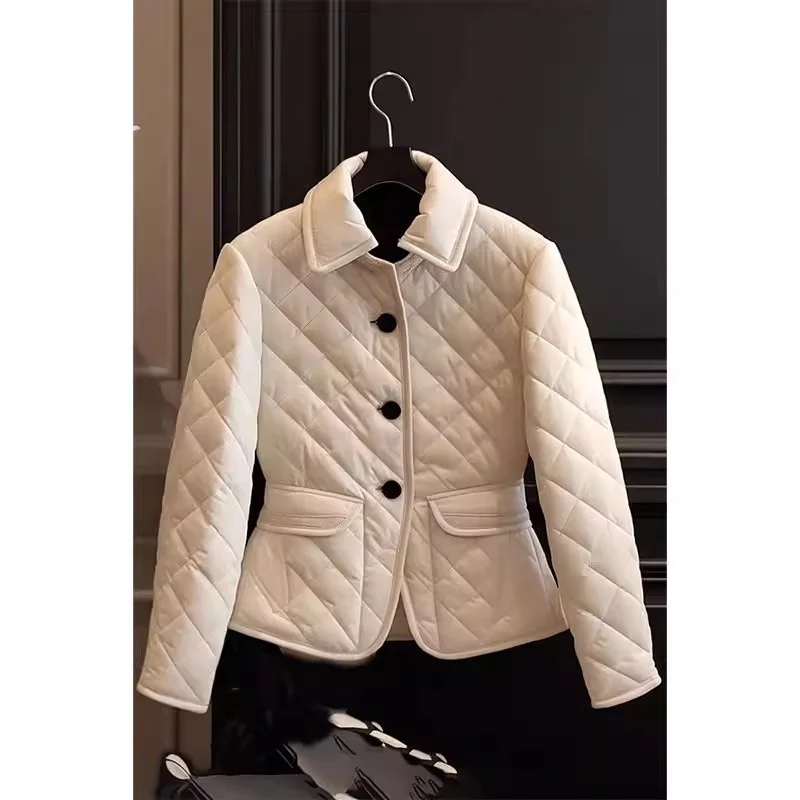 

White Diamond Grid Cotton Jacket for Women, Winter Warm Single-Breasted Slim Coat, Fashion Elegant Outerwear W2383