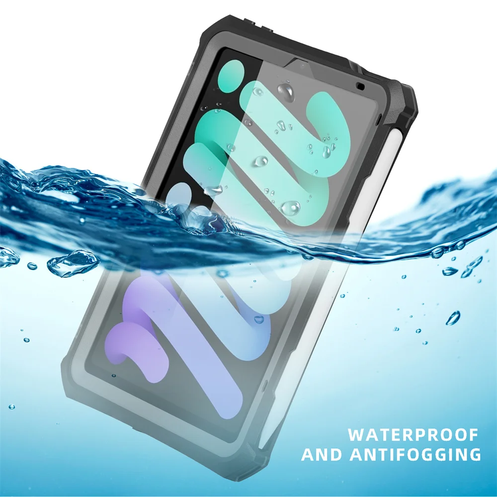 Shellbox Waterproof Case for iPad mini 7 mini 6 mini 5 MINI 4 Dustproof Swimming Outdoor Beach Shoulder Girdle TPU+PC Clear Case