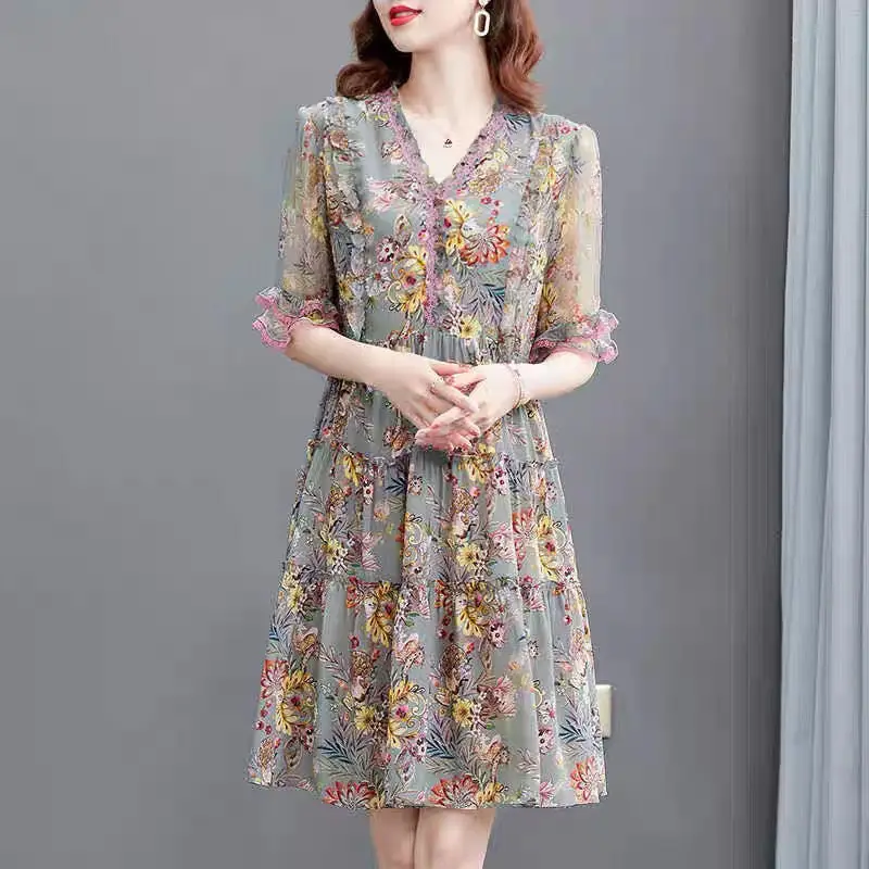 Elegant V-Neck Spliced Lace Butterfly Sleeve Floral Dress Women Clothing 2024 Summer New Loose Office Lady Mini Dress