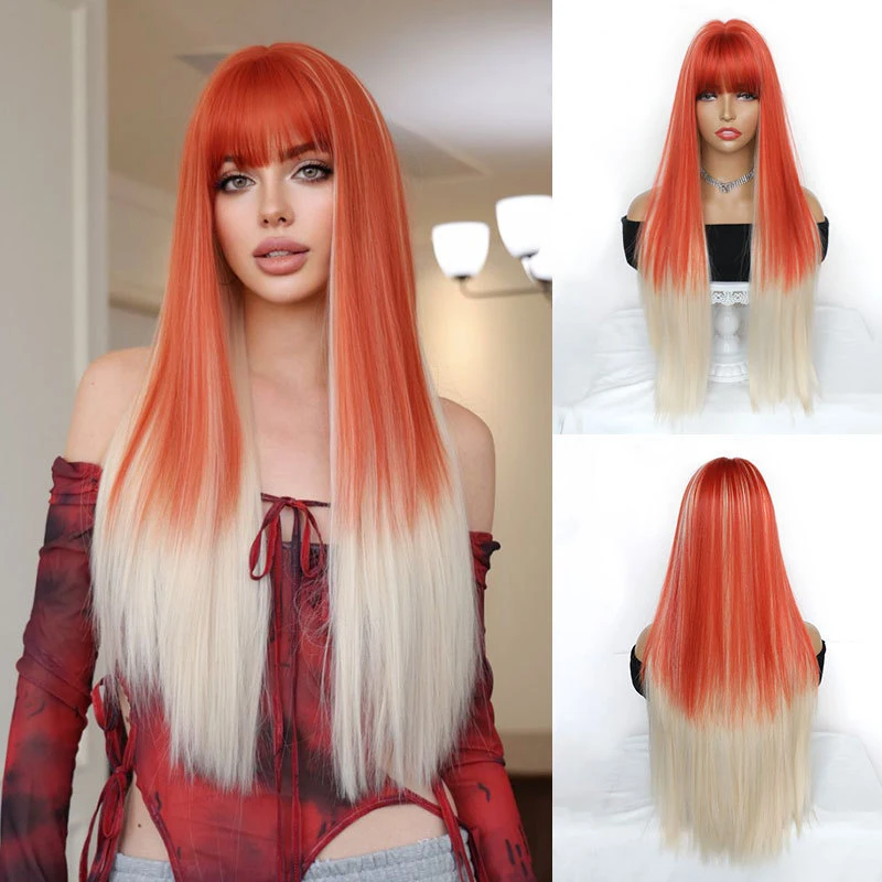 Subculture wig women gradient orange-gold ear-hanging ultra-long straight hair with bangs realistic imitation human h