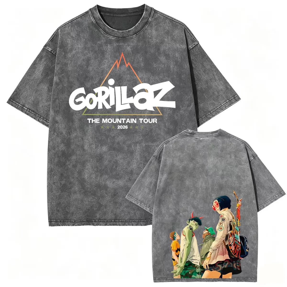 Vintage Washed Rock Band Gorillaz The Mountain 2026 Tour T Shirt Men's Clothing Harajuku Hip Hop T-shirts Oversized Loose Tshirt