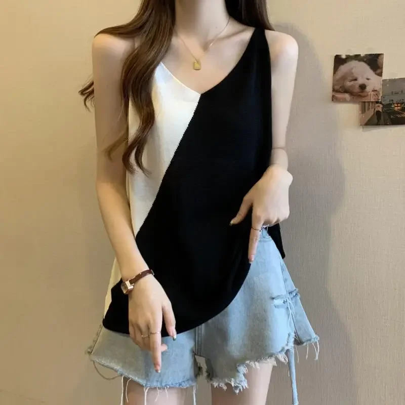Color Block V Neck Sleeveless Loose Crop Top Women Casual Summer Short T Shirt Asymmetrical Design
