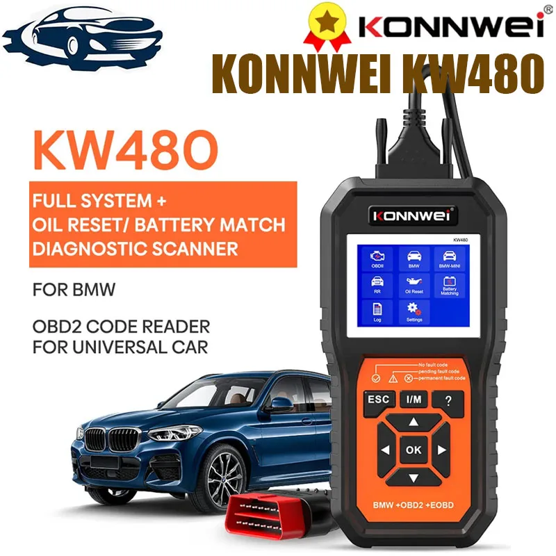 

KONNWEI KW480 Obd2 Scanner for BMW Cars Obd 2 ABS Airbag SRS Oil REST Full Systems Diagnostic Tool Battery Match E38 E46