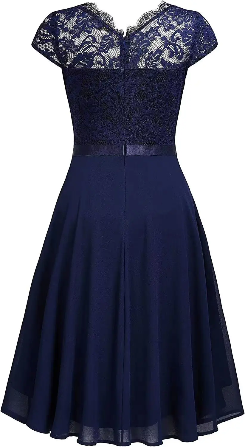 Elegant Short-sleeved Lace Ruffles Chiffon Short Dress