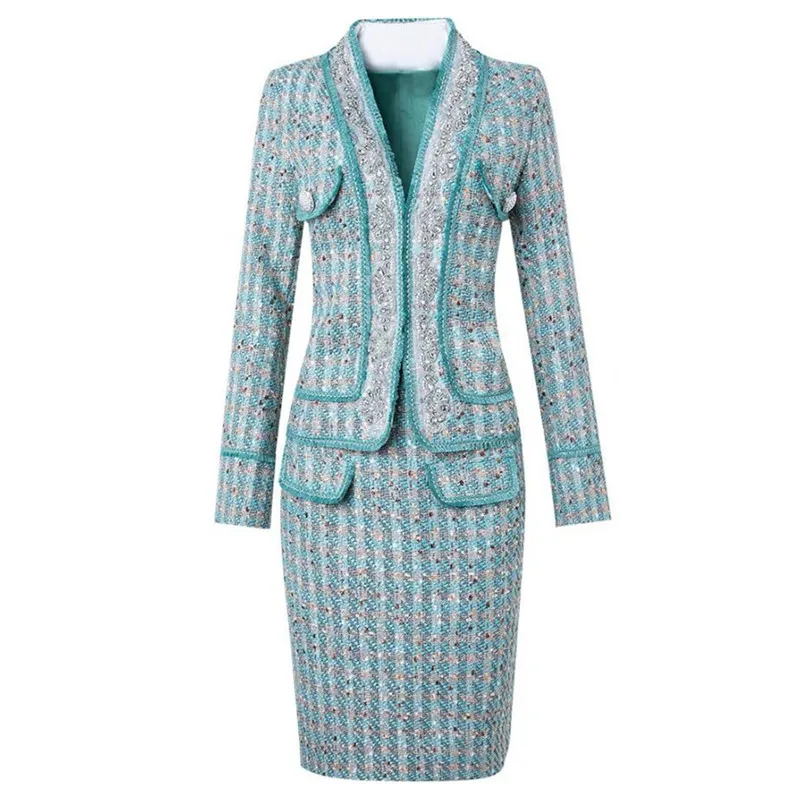 

Small Fragrance Wind Temperament Heavy Industry Beaded Tweed Two-Piece Set Women OL Short Coat+Pencil Skirt suit f65