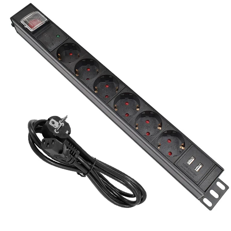 PDU Power Strip Aluminum alloy 6 Way EU Power Strip Socket with IEC-C14 Port Outlet extend with  USB Lightning protection