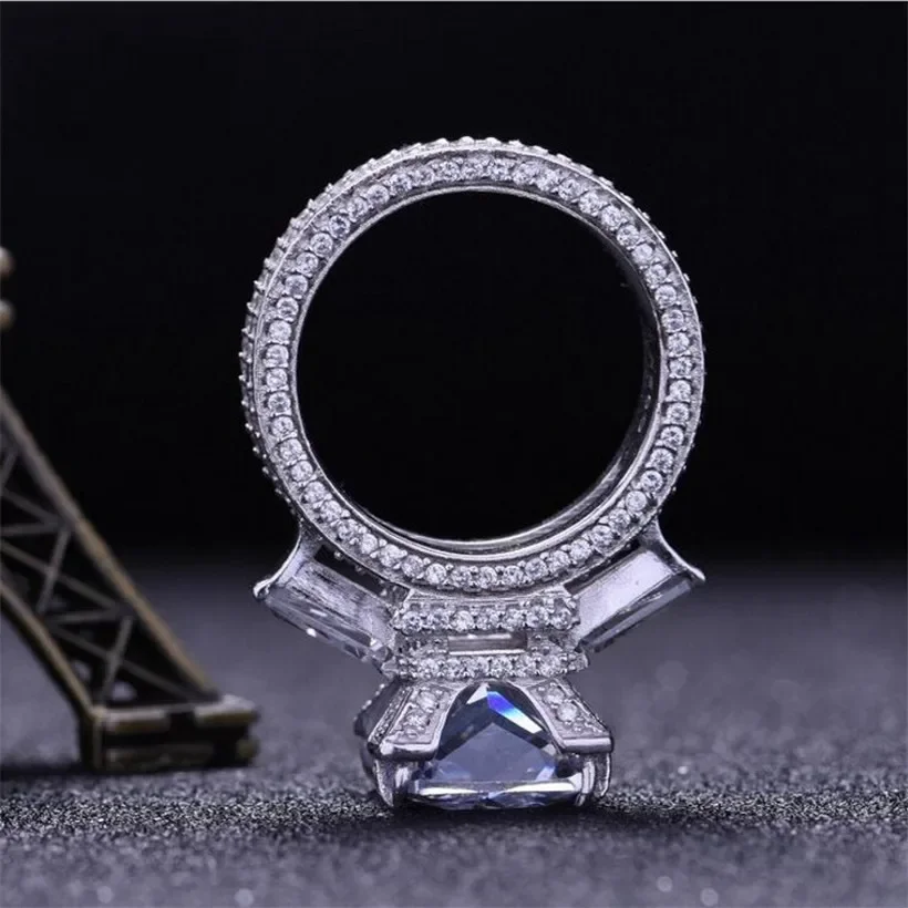 Big Princess-cut 10ct Simulated Diamond Pave 408pcs Diamond Wedding Ring Luxury 925 Sterling Silver Eiffel Tower Ring for Women