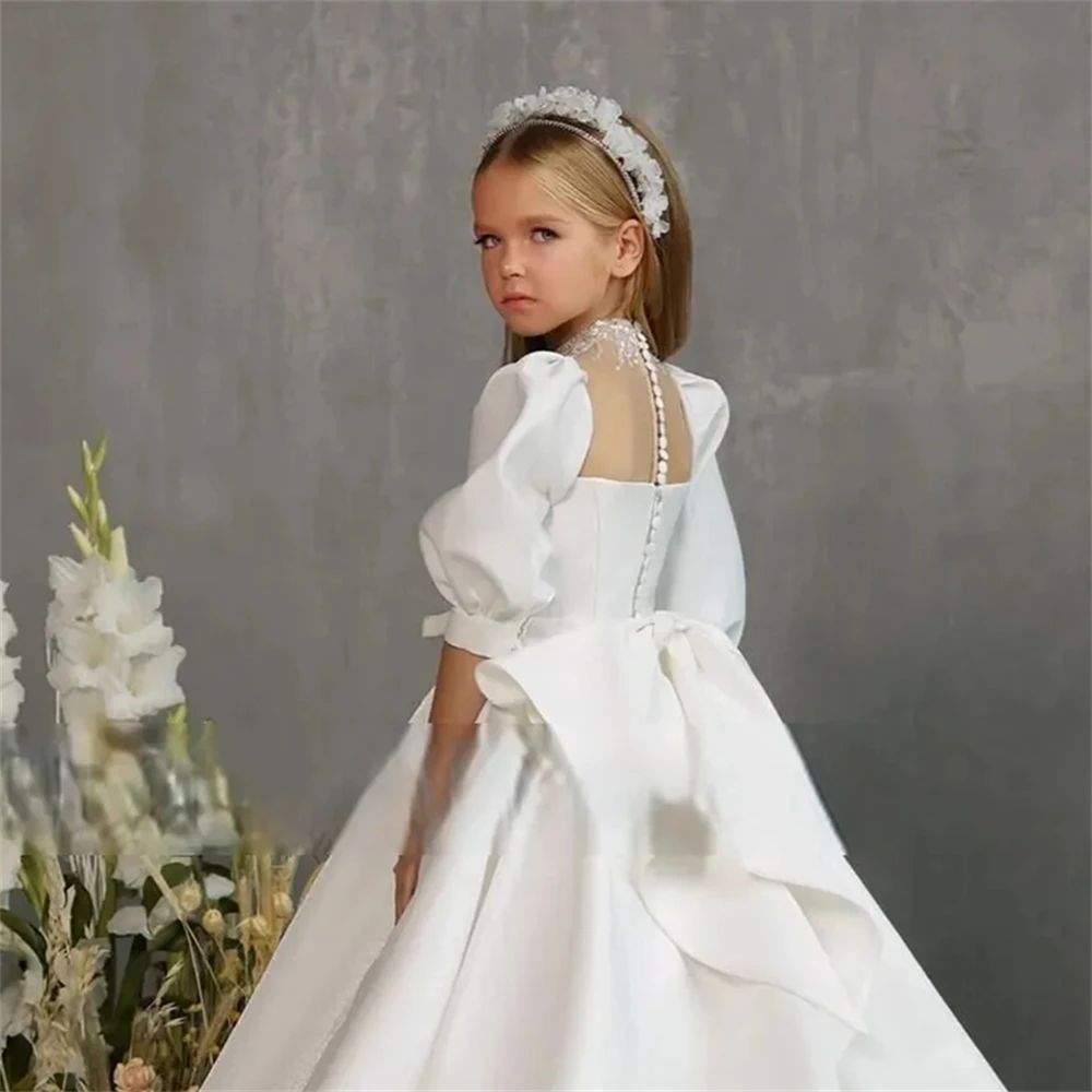 

Customized Flower Girl Dress For Wedding Glitter Bow Half Sleeve High Waist Floor Length Kids Birthday First Communion Gown