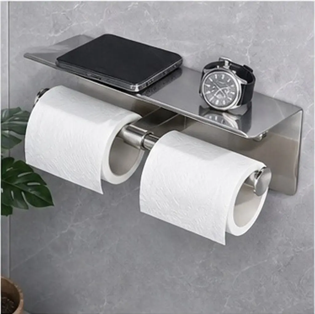 Double Toilet Paper Holder Stainless Steel Wall Mounted Tissue Paper Roll Holder with Phone Shelf Keys Rack for Bathroom Home