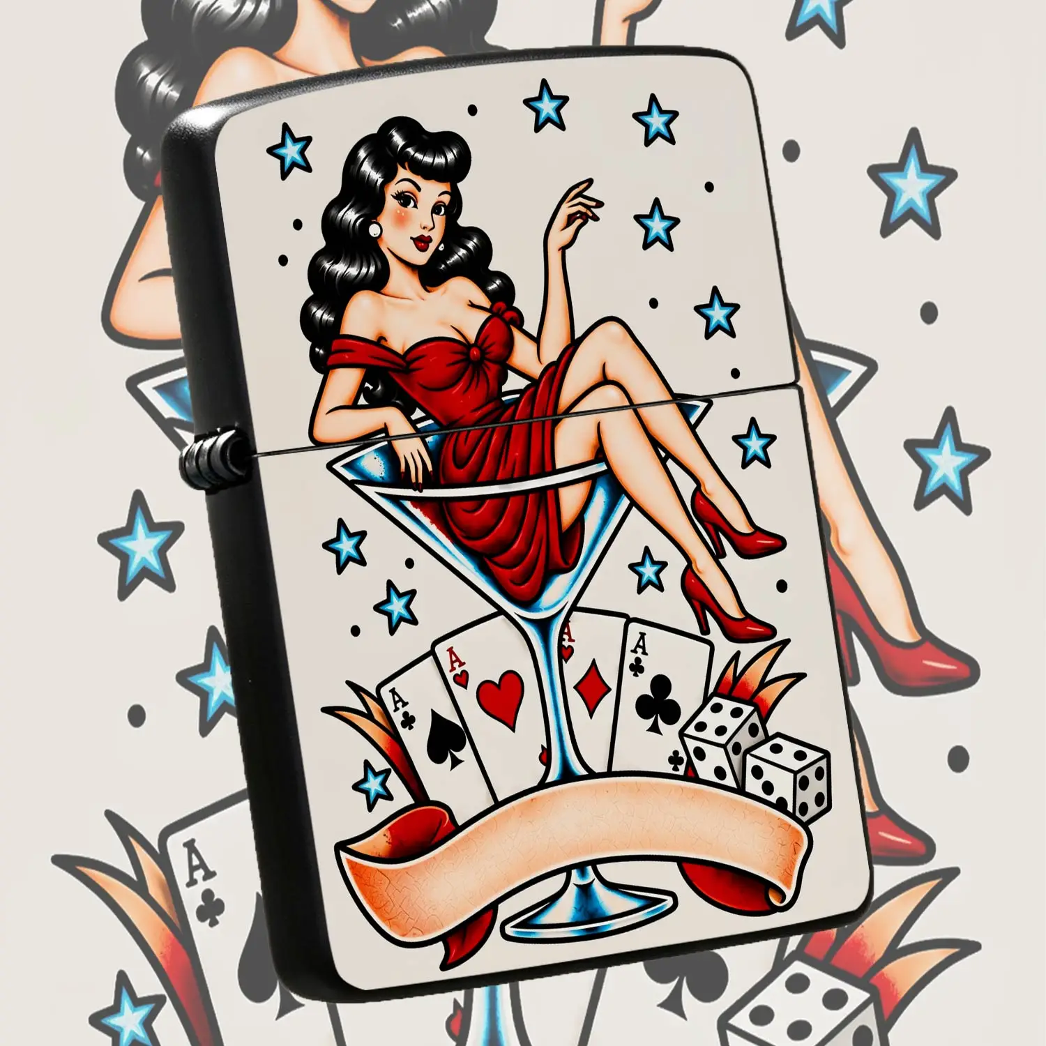 Vintage Tattoo Style Pin-Up Girl Lighter, Retroglass Four Aces Poker Dicepattern Decor, Trendy Unique Portable Accessory, Ideal For Daily Use Party Dating Gifting Scenarios, Exquisite Nostalgic Artlightweight Carry Comp A Humorous And Inter