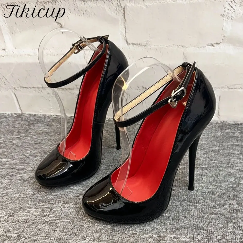 Customize 14/16CM Ultra Thin Stiletto High Heels Sexy Black Round Toe Ankle Strap Pumps Pole Dance Unisex Party Club Shoes