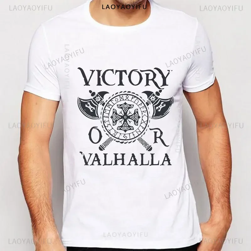 Victory or Valhalla Viking Classic Mens Cotton T-Shirt Viking Print Valhalla Odin T Shirt Men Short Sleeve Viking Legend T-Shirt