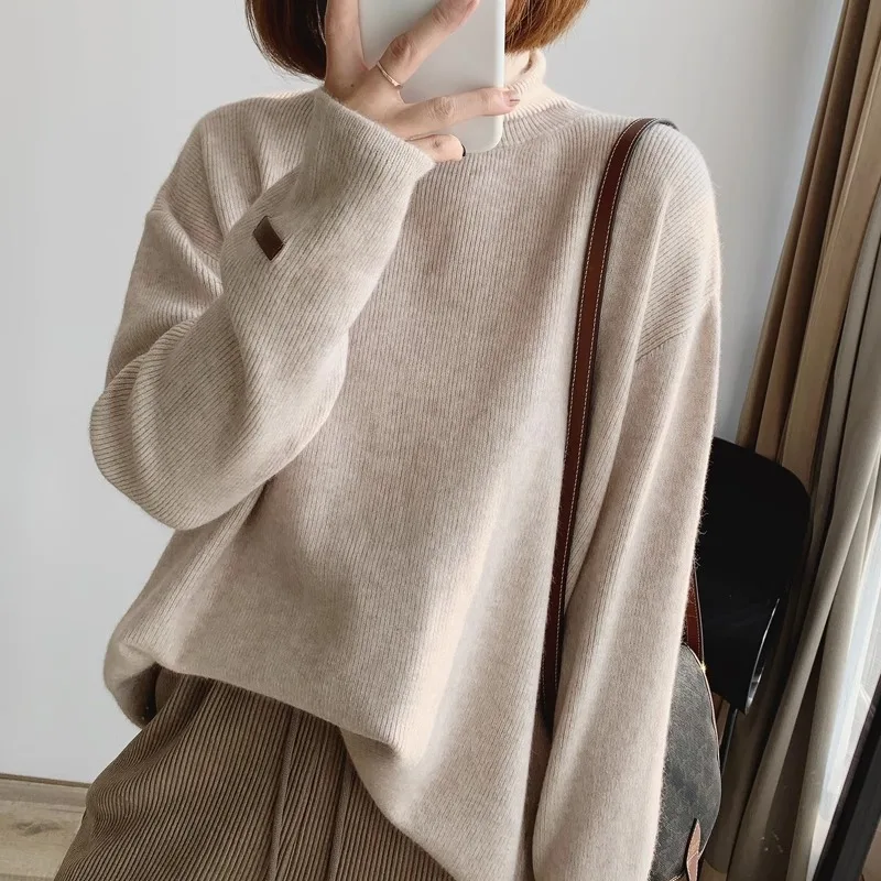 

Мягкий уютный вязаный свитер с высоким воротником, женский свободный крой, утягивающий бот Hem Arc ape, корейский Sle, для поездок на работу, зима 2024 г.