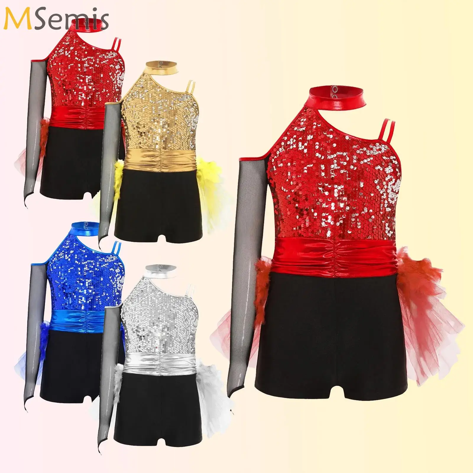 

Kids Girls Jazz Latin Dance Figure Skating Gymnastics Acrobatics Ballet Performance Leotard Costume Sequins Feather Tulle Tutu