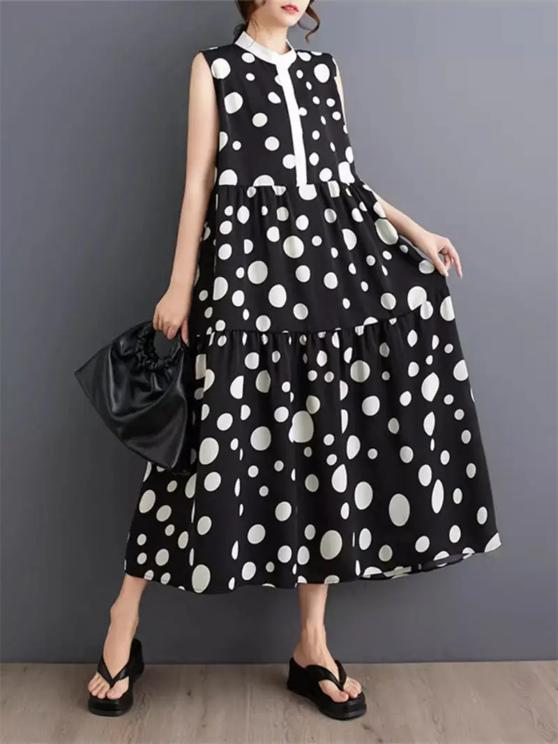 

Summer 2024 New Artistic Polka Dot Chiffon Print Sleeveless Contrasting Color Dress Fashion Casual Comfortable Vest Dress K1362