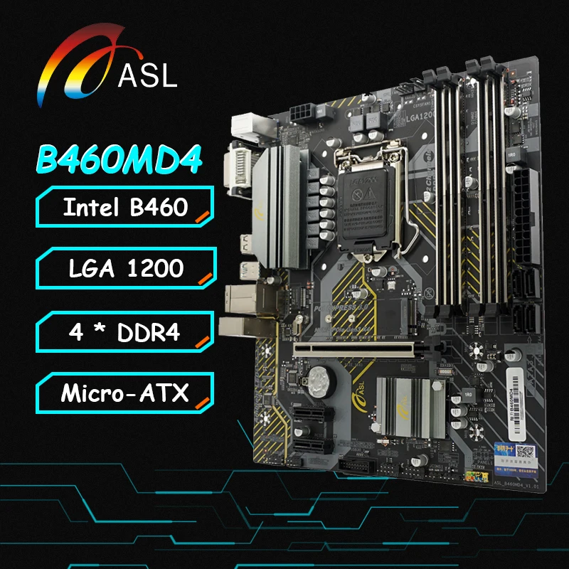 

Материнская плата ASL B460M Micro-ATX LGA 1200 с поддержкой процессора Intel Core 10-го поколения DDR4 Максимум 128 ГБ SATA 3.0 NVMe M.2 PCIe 3.0