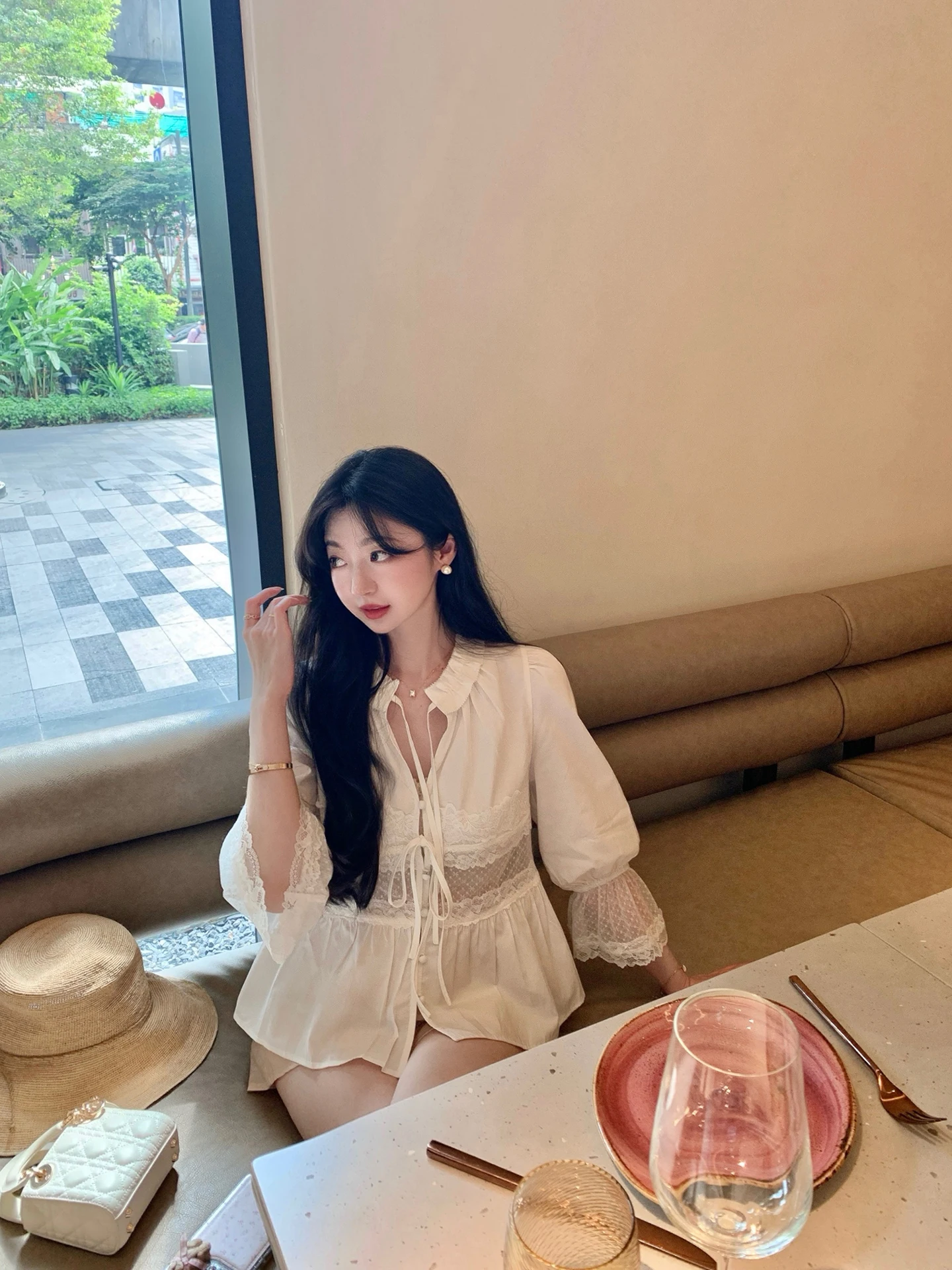 

First Love Cotton Lace Patchwork irt Women's Ele Loose Fit Button down Seven Sve Breathable Skin-Friendly