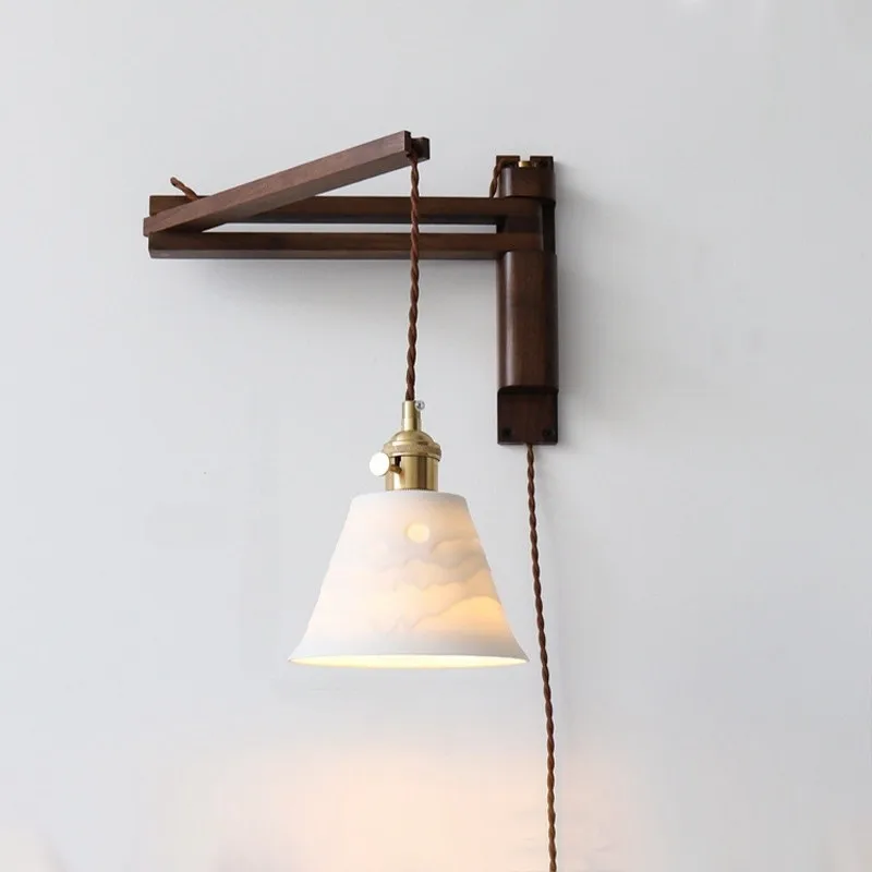 اليابانية الرجعية النحاس تلسكوبي للطي E27 وحدة إضاءة LED جداريّة مصابيح الزجاج عاكس الضوء غرفة نوم السرير خشبية الروك الذراع القراءة الجدار الخفيفة
