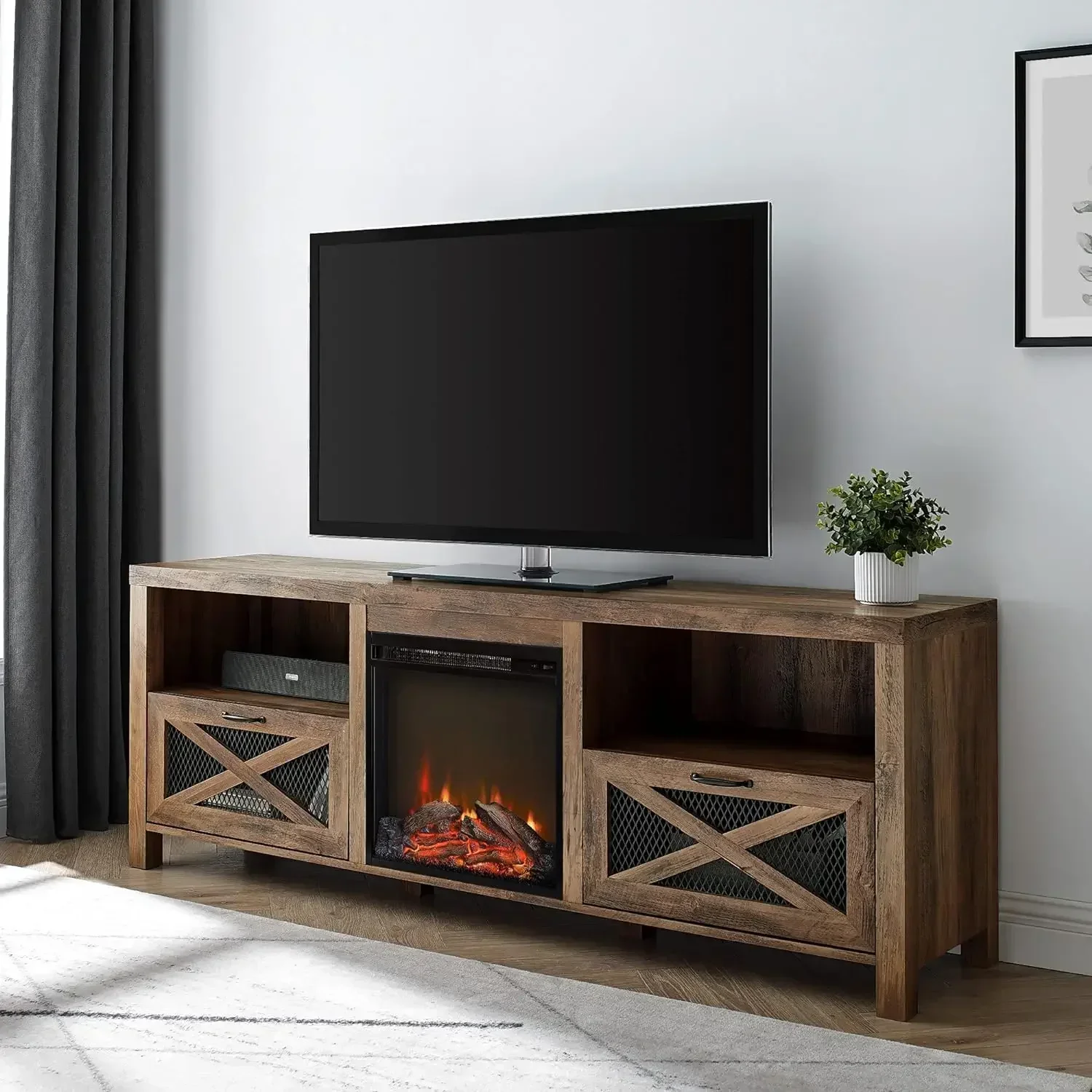 Calgary Industriële Boerderij X-Lade Metalen Mesh En Hout Open Haard Tv-Standaard Voor Tv 'S Tot 80 Inch, 70 Inch