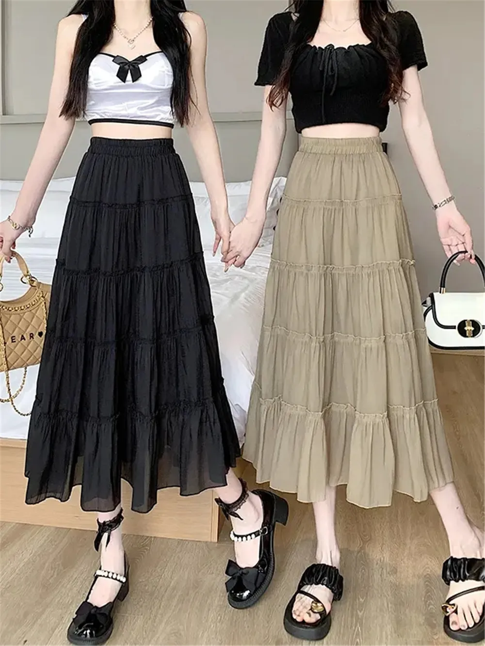 

Solid Chiffon Ruffle Patchwork Women'S Long Pleated Skirt Summer Autumn New Casual Fashion Female A-Line Loose Umbrella Skirt