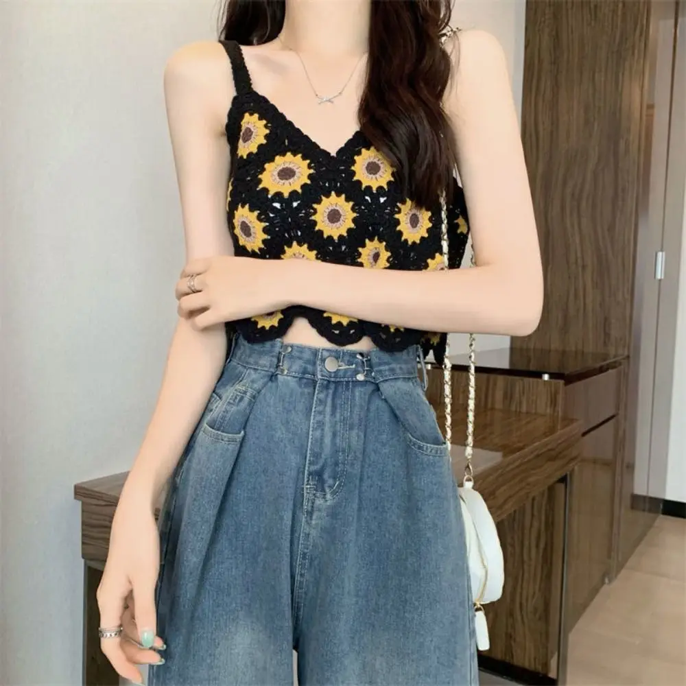 Fashion Sweet Daisy Knitted Vest Sunflower Patter Sleeveless Sleeveless Cami Short Hollow Out Tops