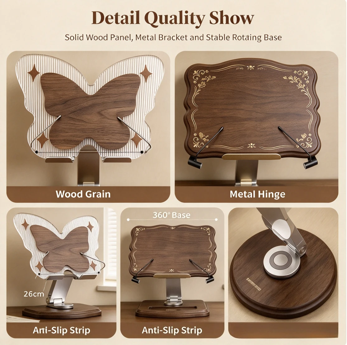 Solid Wood Reading Stand 360° Rotation Lifting Desktop Holder for Book iPad Tablet Laptop Kids Study&Office Reading Support
