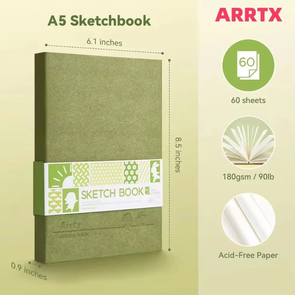 Arrtx Artista Quaderno per schizzi con copertina rigida 60 fogli 180 g di spessore Carta da disegno senza acidi Blocco per schizzi con rilegatura rigida per matita a inchiostro Grafite